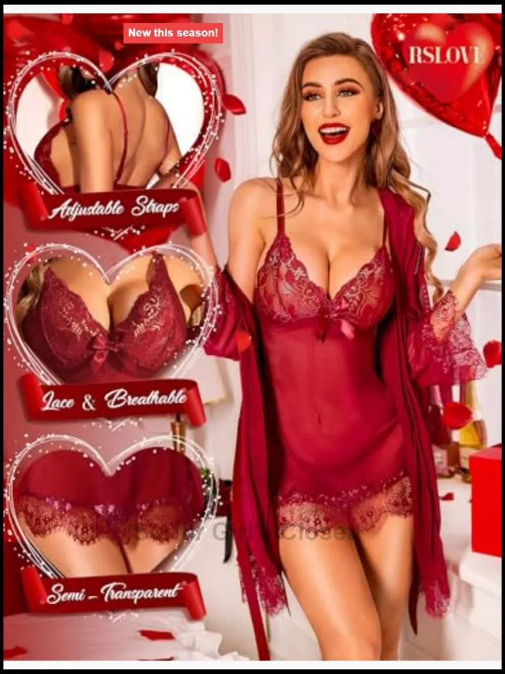 Women's 3 Piece Lingerie Set Babydoll Mesh Lace Robe Thong